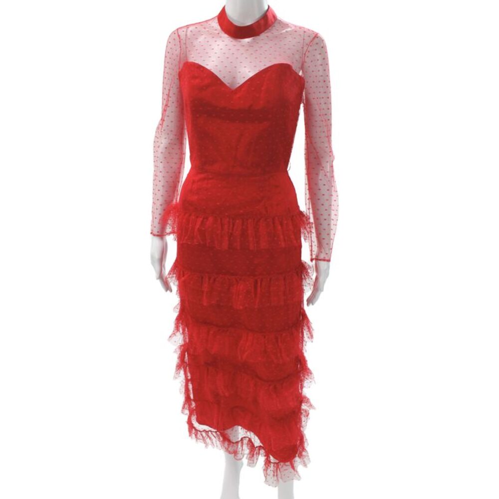 Markarian Women Sheath Dress Red Silk High Neck Long Sleeve Polka Dot Size 0